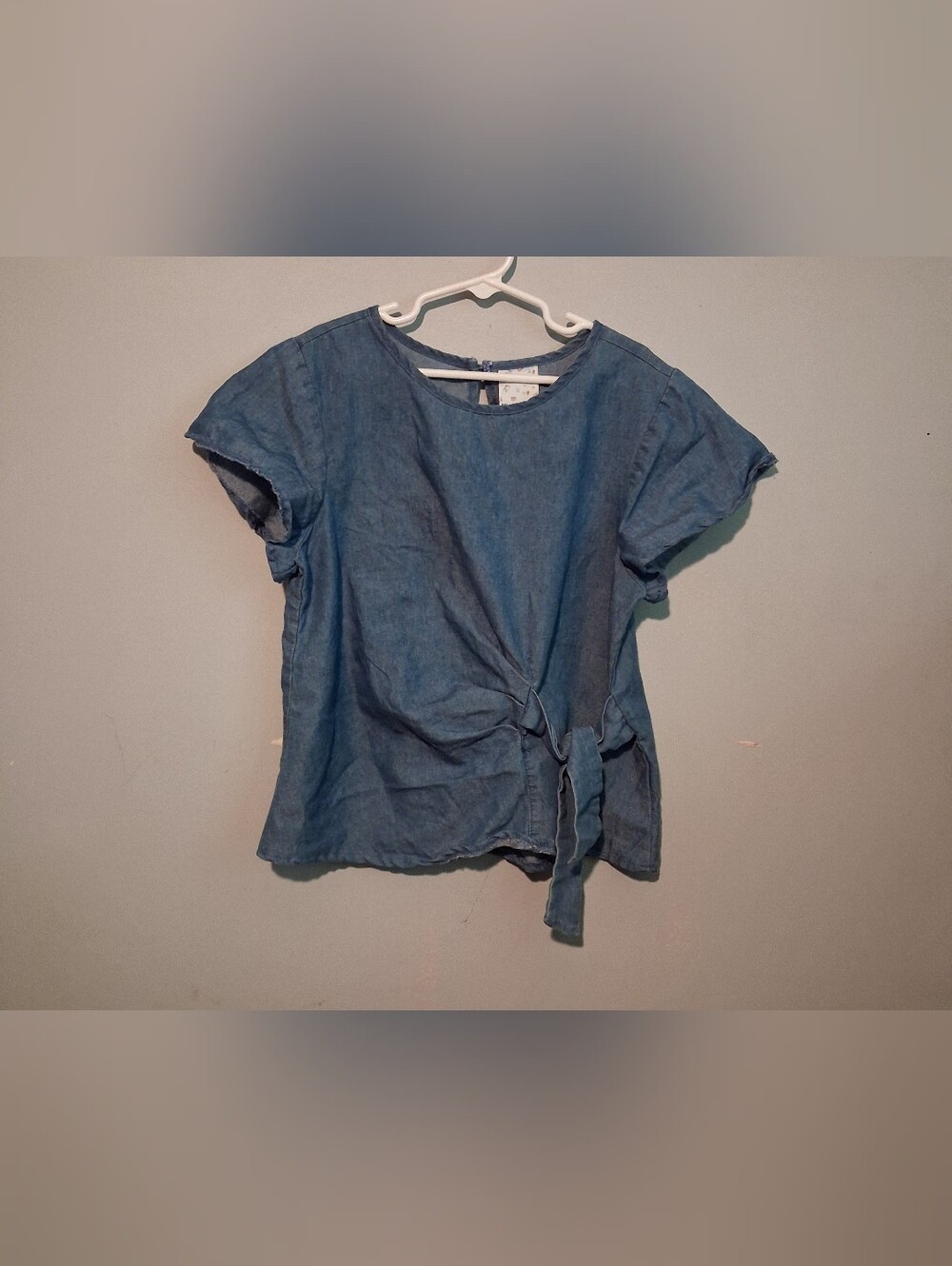 Belle Du Jour Girls Chambray Top Large Short Sleeve Side Knot Tie Waist Preppy